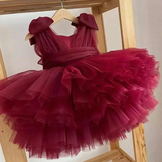 Festzugskleider für Mädchen Erstkommunionkleid Maßgeschneidertes Burgunder Blumenmädchenkleid für Hochzeit mit Schleife 