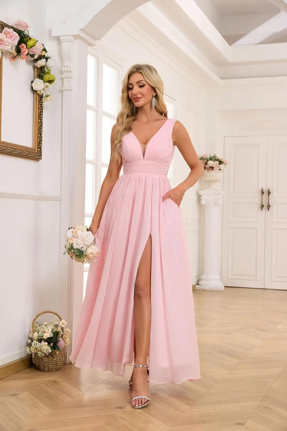 Vestidos de dama de honor con abertura y escote en V, vestidos de fiesta, línea A, plisados, para invitada de boda con bolsillos 