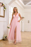Vestidos de dama de honor con abertura y escote en V, vestidos de fiesta, línea A, plisados, para invitada de boda con bolsillos 