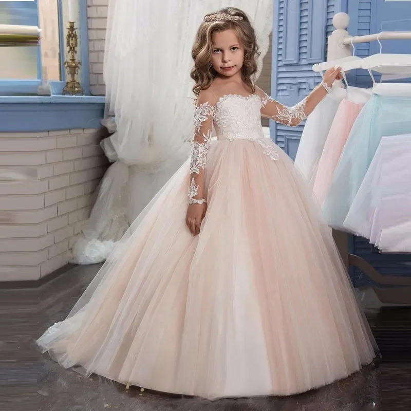 Vestido de tul rosa claro con apliques blancos y manga larga para boda, fiesta de cumpleaños, comunión, personalizado, para niña de las flores 