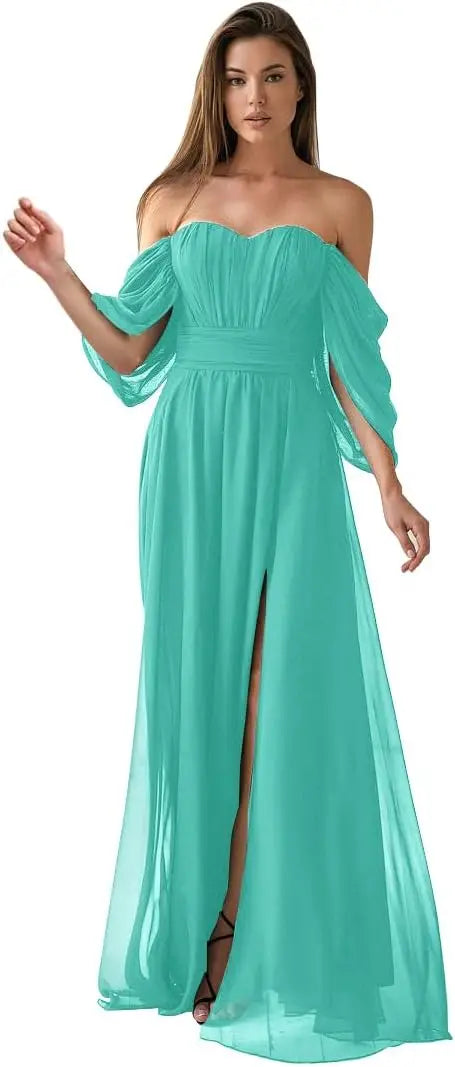 Vestido de dama de honor de talla grande con hombros descubiertos, de gasa, formal, con abertura, elegante, para invitada de boda 