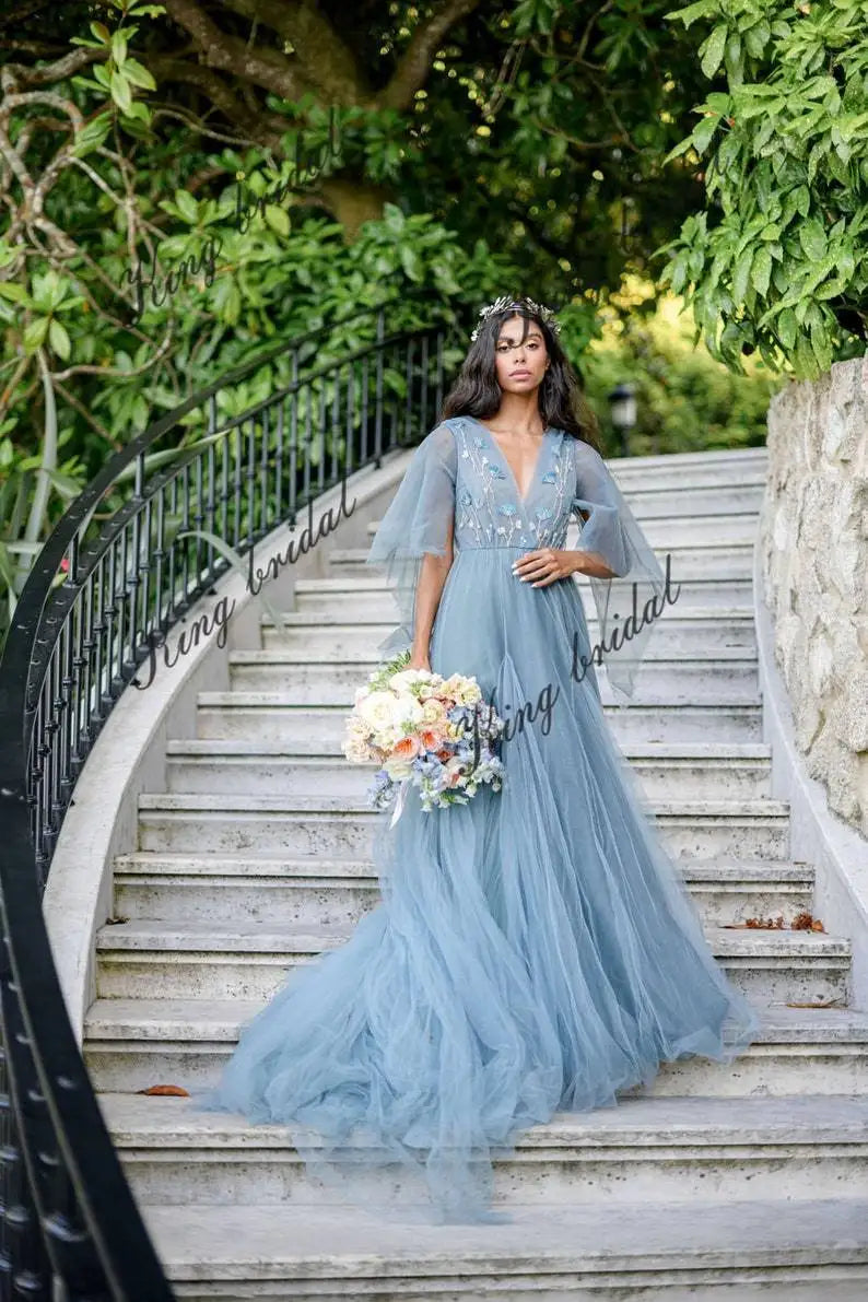 simple blue wedding dress Ethereal dresses Pale dark wedding gown Full gown Airy sleeves bridal wedding party dresses Ball gown