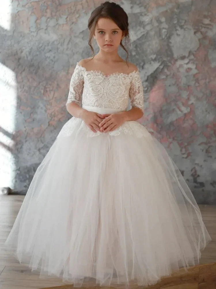 Weißes Tüll-Spitzen-Applikationsoberteil mit großer Schleife, halbe Ärmel für Hochzeit, Geburtstag, Bankett, Erstkommunion, Kleider, Blumenmädchenkleid 