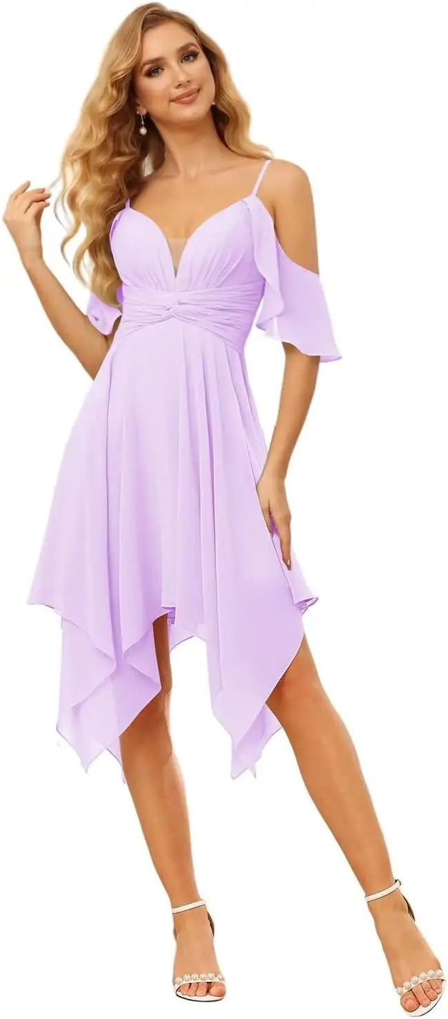 Women's Off Shoulder Chiffon Junior Bridesmaid Dresses Short Pockets Ruffle A Line Formal Dresses with Slit Wedding Party Gown