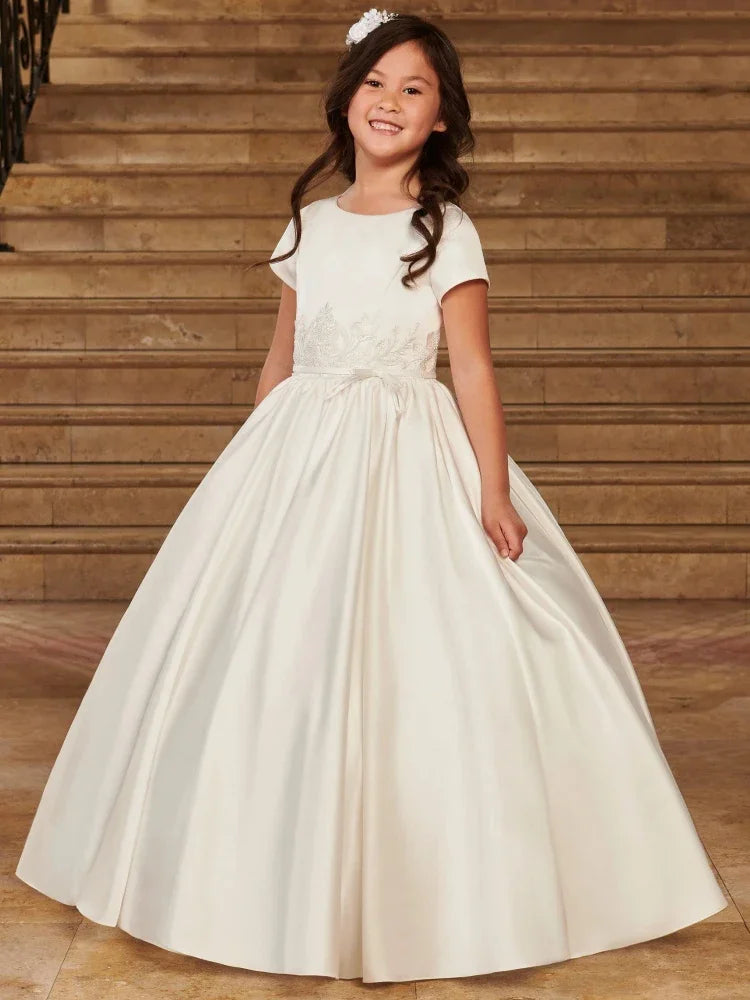 Vestidos de princesa con bordado floral de satén marfil y cinturón de lazo, de manga corta, para bodas, fiestas de cumpleaños, banquetes, vestidos de niña de las flores 
