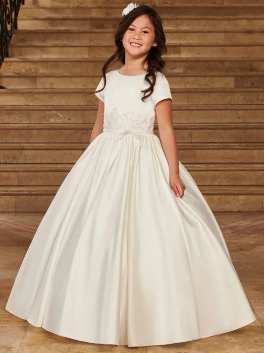 Vestidos de princesa con bordado floral de satén marfil y cinturón de lazo, de manga corta, para bodas, fiestas de cumpleaños, banquetes, vestidos de niña de las flores 