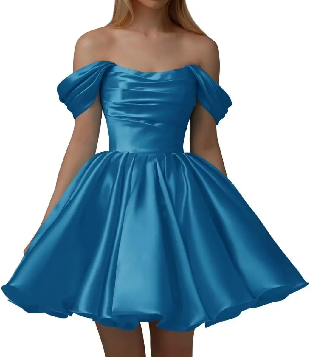 Vestidos de fiesta de satén con hombros descubiertos para mujer, corte A, cortos, plisados, sin tirantes, para boda y fiesta. 