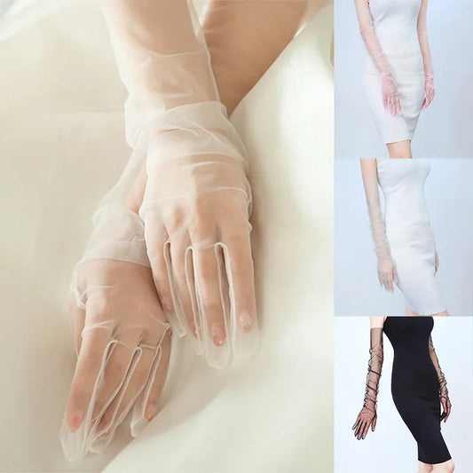 55cm Long Women Ultra Tulle Gloves Mesh Sheer Full Finger Elbow Long Gloves Vintage Sunscreen Gloves Wedding Bride Dress Mittens