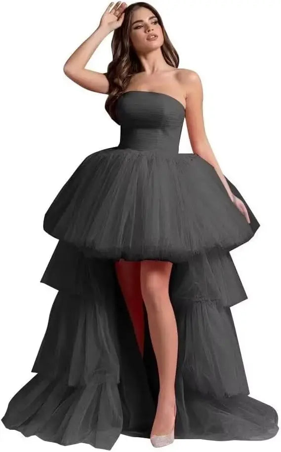 High Low Tüll Ballkleider Lange trägerlose gestufte Abendkleider A-Linie Abendkleid mit Schleppe Partykleider Damen Abend 