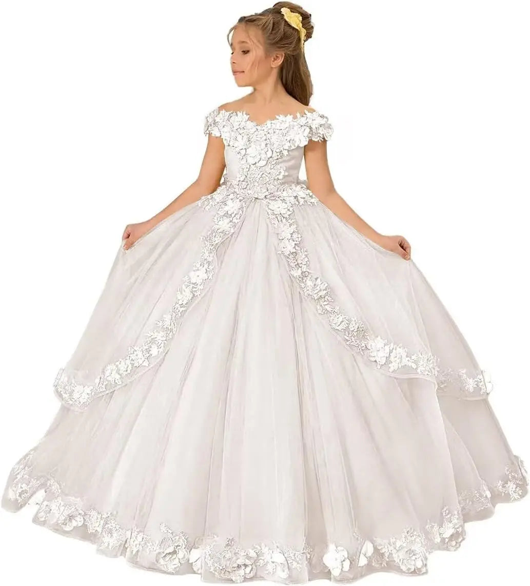 Vestido de tul para niña de las flores, para boda, con hombros descubiertos, para desfile, con flores 3D, estilo princesa, para fiesta 