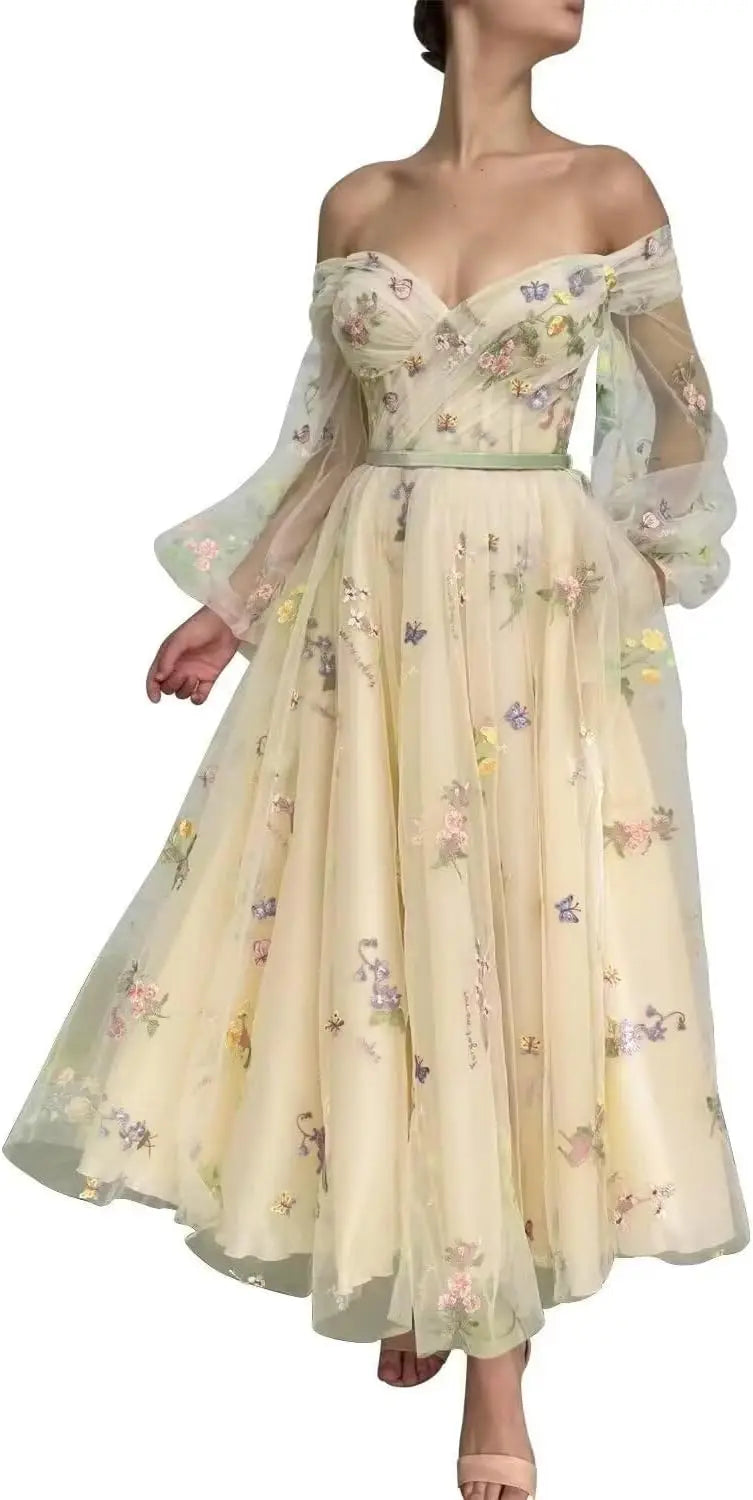 Bridesmaid Dress Long Sleeve Flower Embroidery Lace Tulle Prom Dresses for Women A Line Fairy Maxi Formal Evening Party Gowns