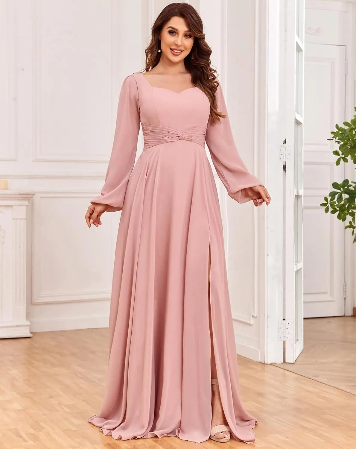 Damen Langarm Brautjungfernkleider mit Taschen Split Plissee Chiffon Formales Abendkleid Partykleid formelles Kleid Frauen elegant 