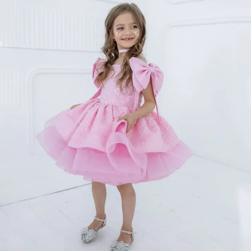 Pink Tulle Sequin With Bow Sleeveless For Wedding Prom Birthday Party Banquet Holy Communion Gown Customized Flower Girl Dress