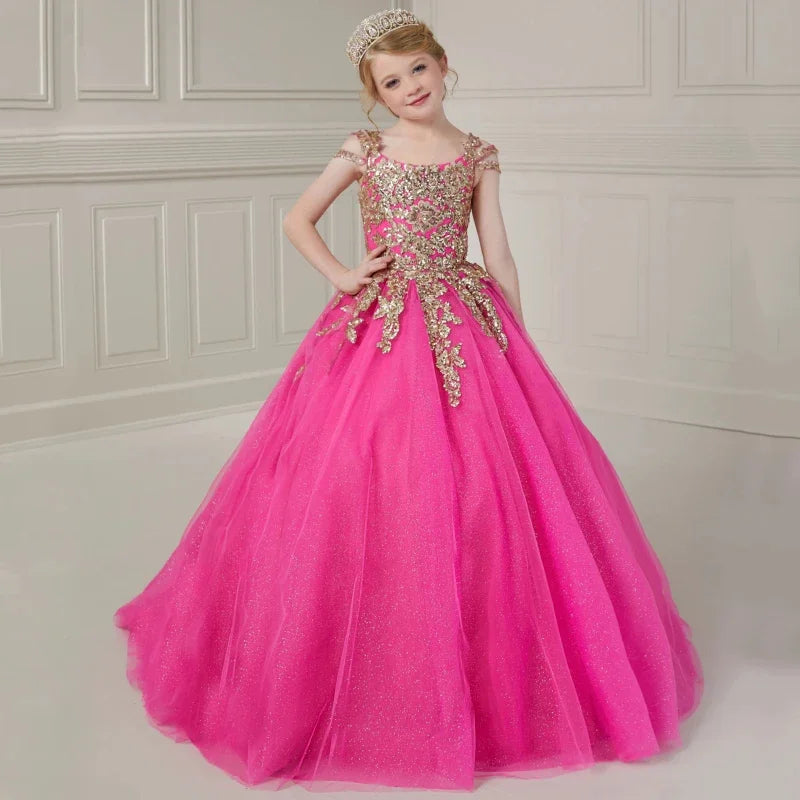 Birthday Party Banquet Princess Gowns Flower Girl Dresses Rose Pink Tulle Gold Flory Appliques Sleeveless For Wedding