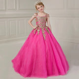 Birthday Party Banquet Princess Gowns Flower Girl Dresses Rose Pink Tulle Gold Flory Appliques Sleeveless For Wedding