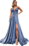 Spaghetti Strap Sequin Applique Prom Dresses with Slit A-Line Long Satin Sparkly Formal Evening Party Gowns party dress