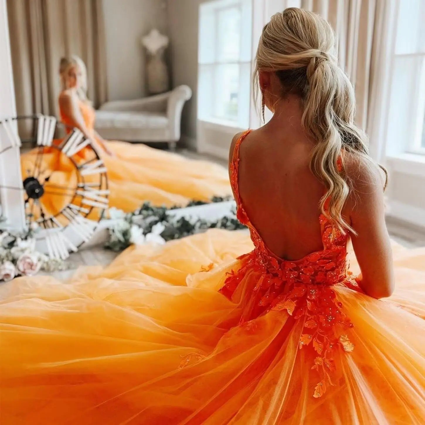 Tulle Prom Dresses for Women V Neck Applique Ball Gowns for Teens Women's Long Formal Evening Gowns with 3D Flower