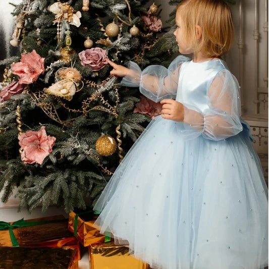 Vestidos de primera comunión para fiesta de cumpleaños, vestidos de niña de las flores de tul azul con perlas abullonadas y lazo, manga larga para boda 