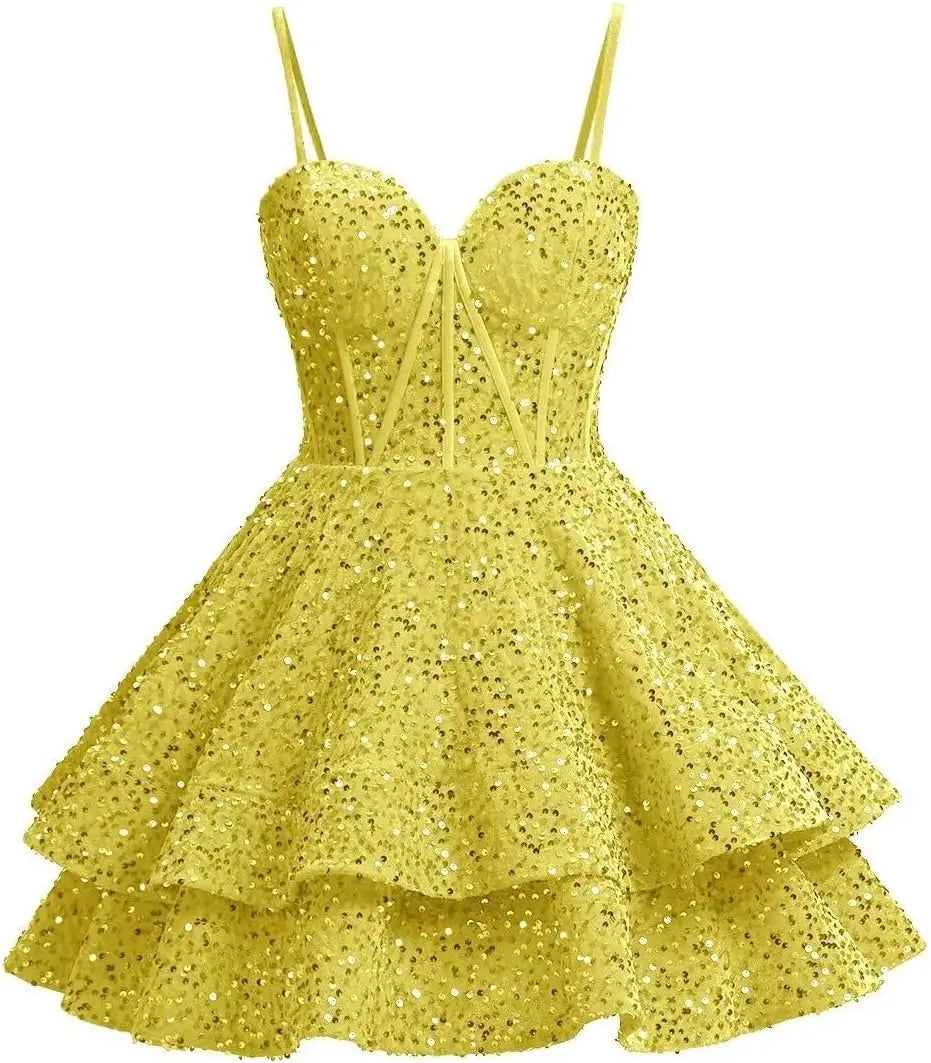 Vestidos de fiesta de graduación con lentejuelas brillantes para adolescentes, tirantes finos, corsé, vestido de cóctel con capas brillantes 