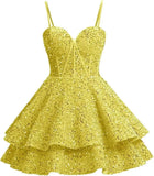 Vestidos de fiesta de graduación con lentejuelas brillantes para adolescentes, tirantes finos, corsé, vestido de cóctel con capas brillantes 