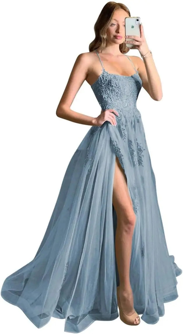 Vestidos de fiesta largos de encaje cruzado con tirantes finos y abertura para mujer 2026. 