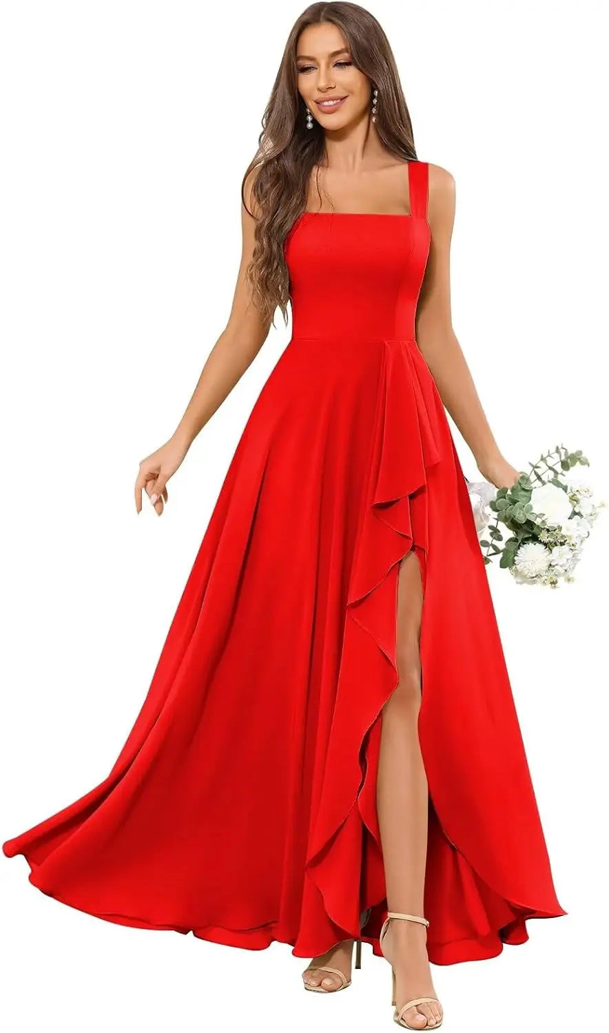 Chiffon Ruffle Bridesmaid Dresses for Women Square Neck Formal Evening Dress with Slit elegant dress women for wedding party