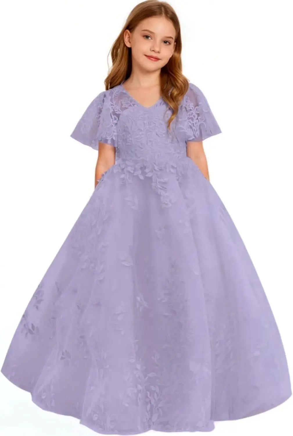 Vestido de primera comunión de encaje con mangas con volantes para niña de las flores, para boda, desfile, vestido de princesa 