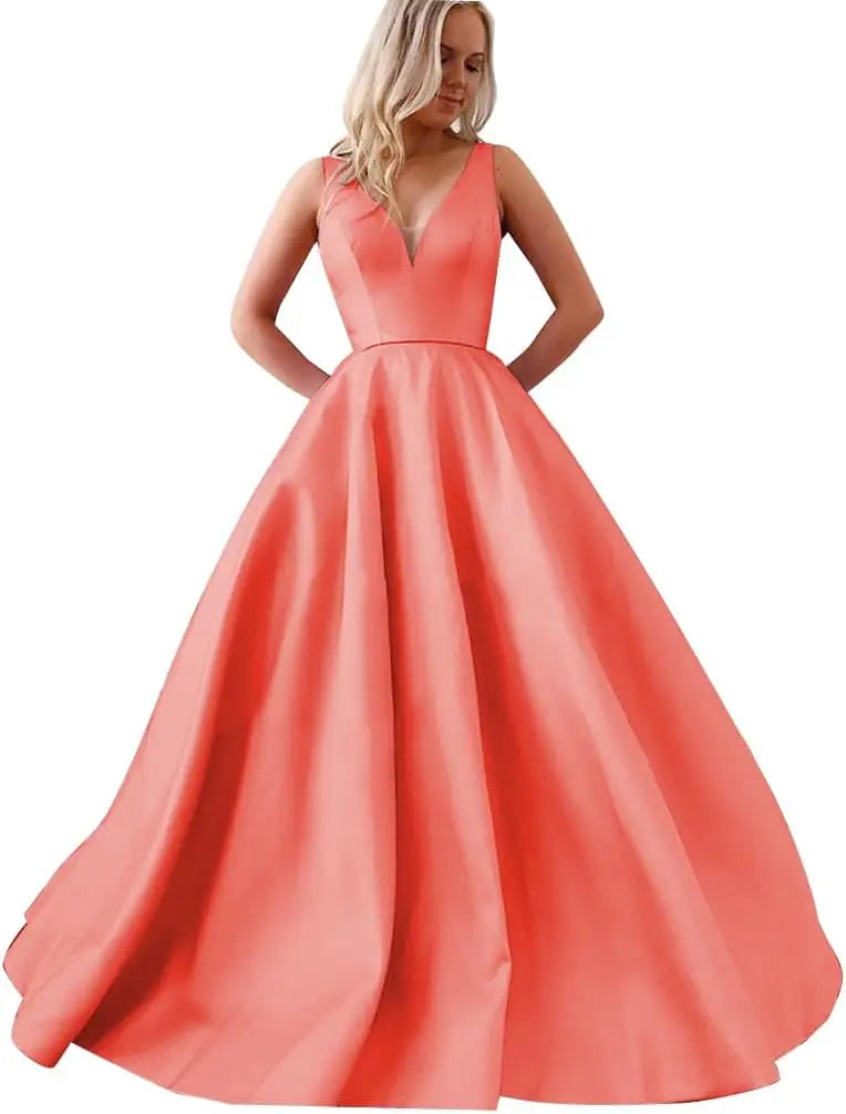 Satin A Line Wedding Dresses for Bride V Neck Prom Dresses with Pockets Simple Long Ball Gowns