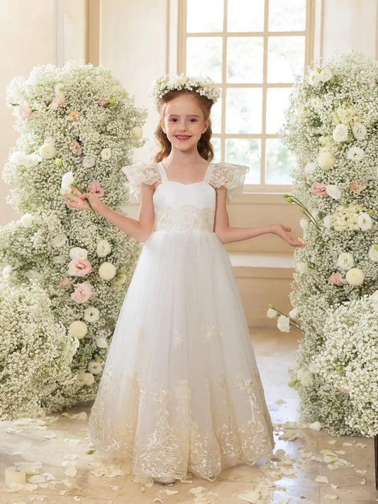 Vestidos de niña de las flores con apliques de encaje para boda 2025, vestido de primera comunión, vestido de fiesta largo, vestido de princesa con lazo en la espalda 