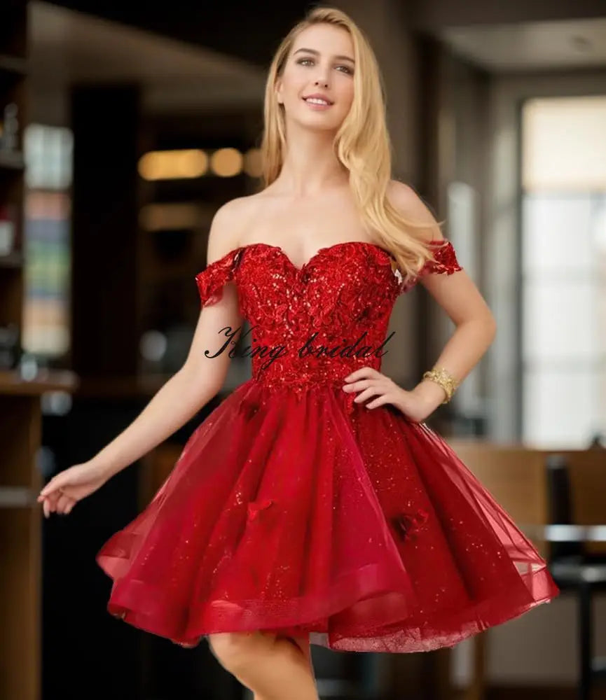 Glitter Tulle Appliques Homecoming Dresses for Teens Beaded Off Shoulder Short Prom Dresses Lace Cocktail Mini Dress Club Gowns
