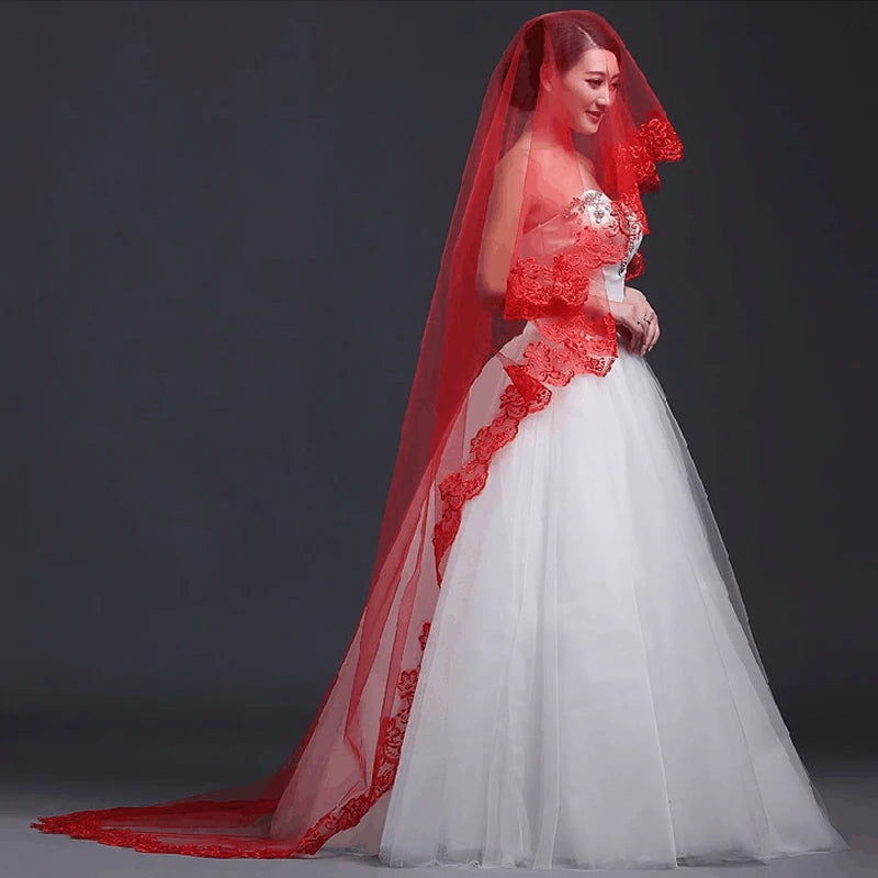 White Ivory Red Black Bridal Veil Lace Short Elbow Wedding Tulle Appliques Embroidery Edge Long Cathedral Bride Veils 1.4M 265cm