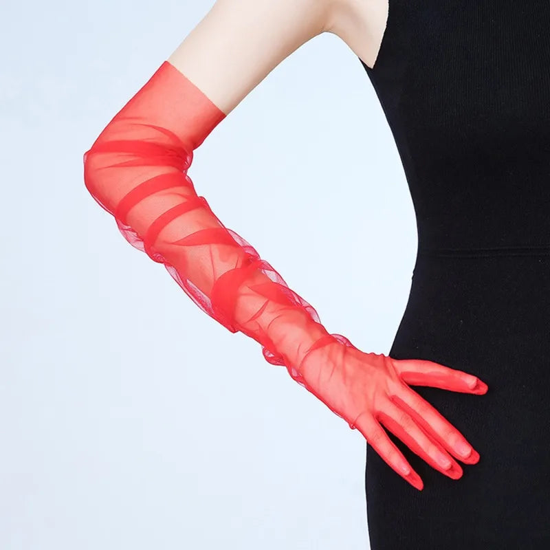 55cm Long Women Ultra Tulle Gloves Mesh Sheer Full Finger Elbow Long Gloves Vintage Sunscreen Gloves Wedding Bride Dress Mittens