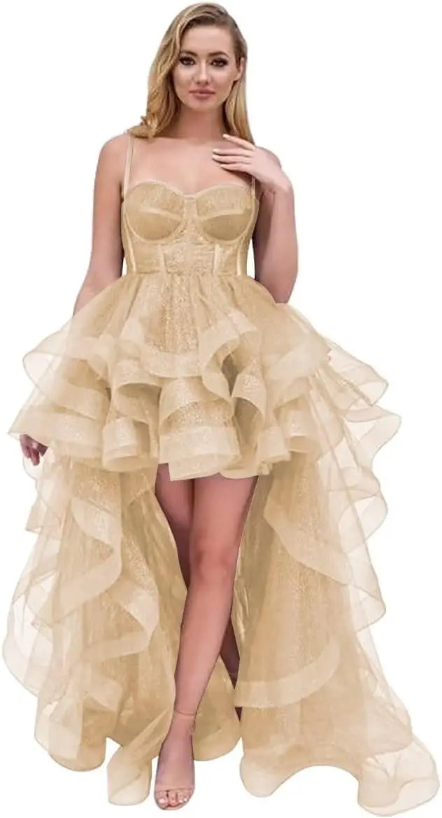 Tulle Prom Dress Spaghetti Straps Ball Gowns High Low Homecoming Dress Layered Ruffles Princess Quinceanera Dresses