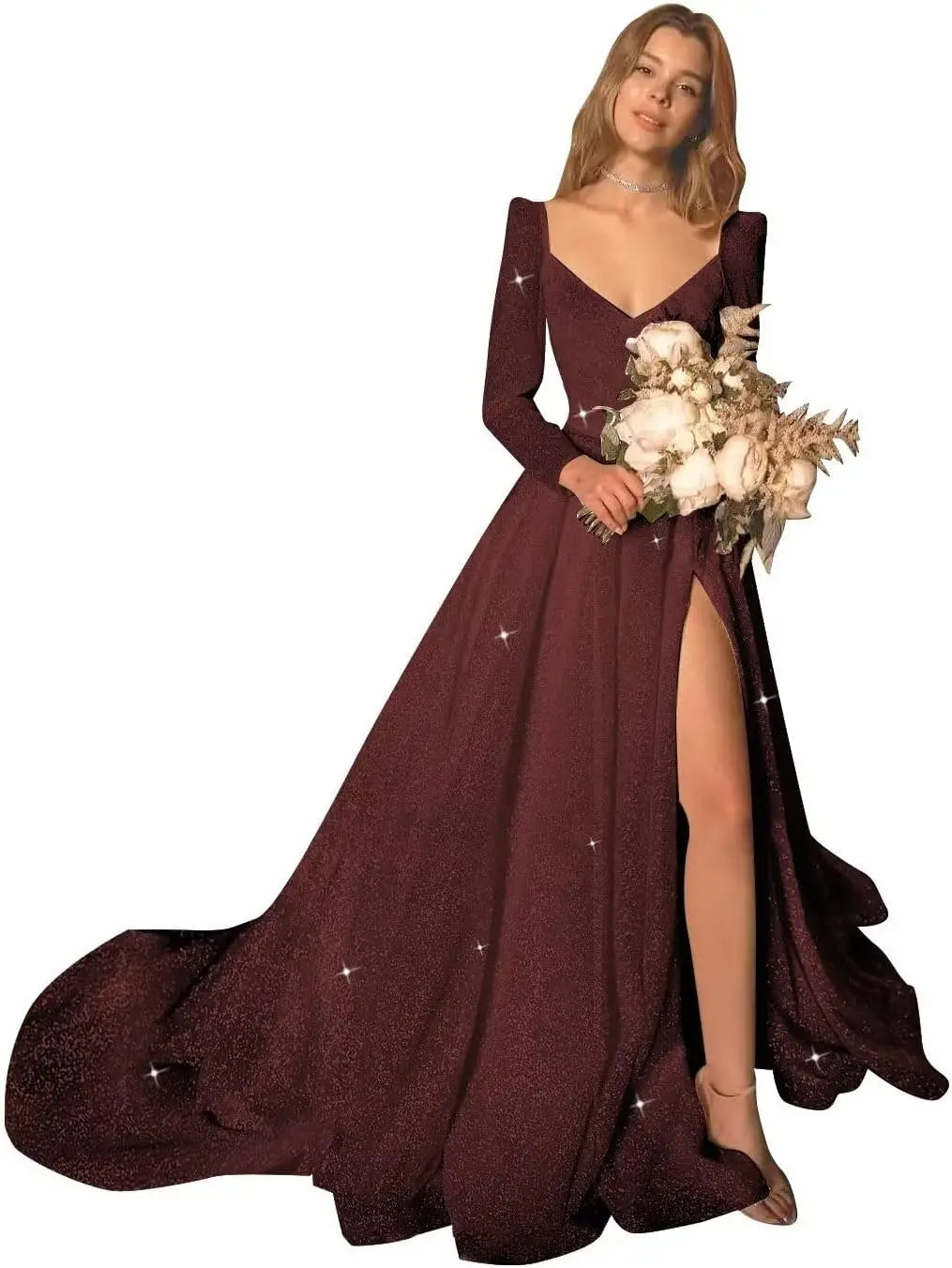 Glitter Prom Dresses Simple Long Sleeve Wedding Dresses for Bride A Line Princess Ball Gown with Slit simple wedding dress