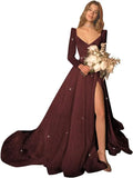 Glitter Prom Dresses Simple Long Sleeve Wedding Dresses for Bride A Line Princess Ball Gown with Slit simple wedding dress