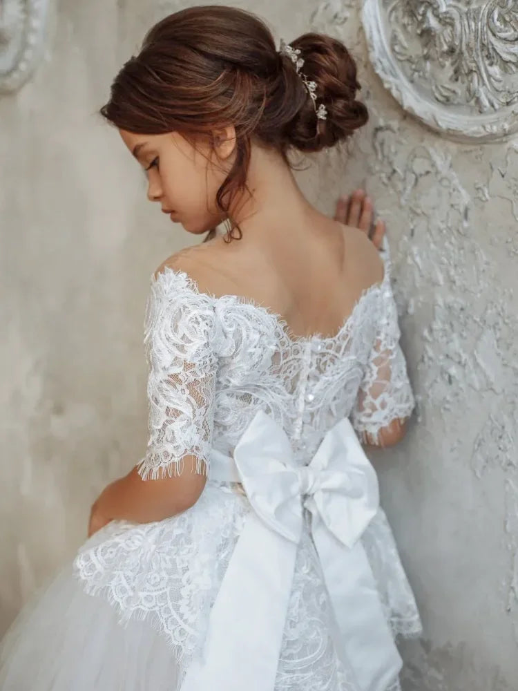 Weißes Tüll-Spitzen-Applikationsoberteil mit großer Schleife, halbe Ärmel für Hochzeit, Geburtstag, Bankett, Erstkommunion, Kleider, Blumenmädchenkleid 