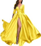Deep V-Neck Satin Prom Dress for Women, 3/4 Sleeve Formal Evening Gown with Pockets, Elegant Party Dress