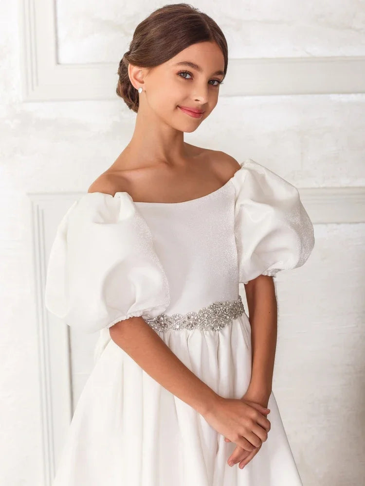 White Satin Diamond Beltl With Bow Short Sleeves For Wedding Pageant Party Princess Gowns princess dress  Flower Girl Dresses