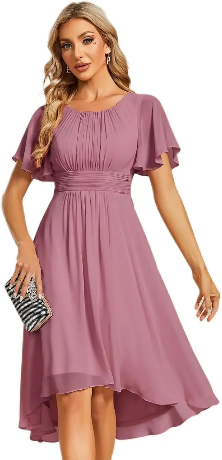 Vestido de gasa con cuello redondo y cintura plisada para mujer, manga corta, para invitada de boda, dama de honor, fiesta, graduación 