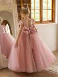 Flower Girls Lace Cap Sleeve Dress for Wedding Puffy Tulle Back V-Neck Pageant Prom Ball Gown with Bow princess dress