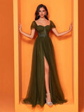 Elegant Short Sleeve Tulle Slit Evening Dresses 2027 Women Long Luxury Mermaid Formal Bridesmaid Party Maxi Prom Graduation Gown