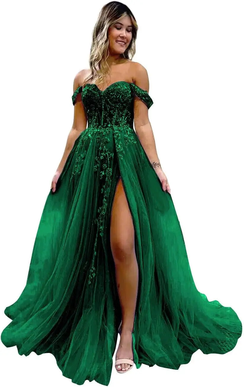 Vestido de fiesta de tul con hombros descubiertos, abertura, apliques de encaje brillante, corsé, vestido formal de fiesta de noche, vestidos de fiesta para mujer, noche 