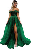 Vestido de fiesta de tul con hombros descubiertos, abertura, apliques de encaje brillante, corsé, vestido formal de fiesta de noche, vestidos de fiesta para mujer, noche 