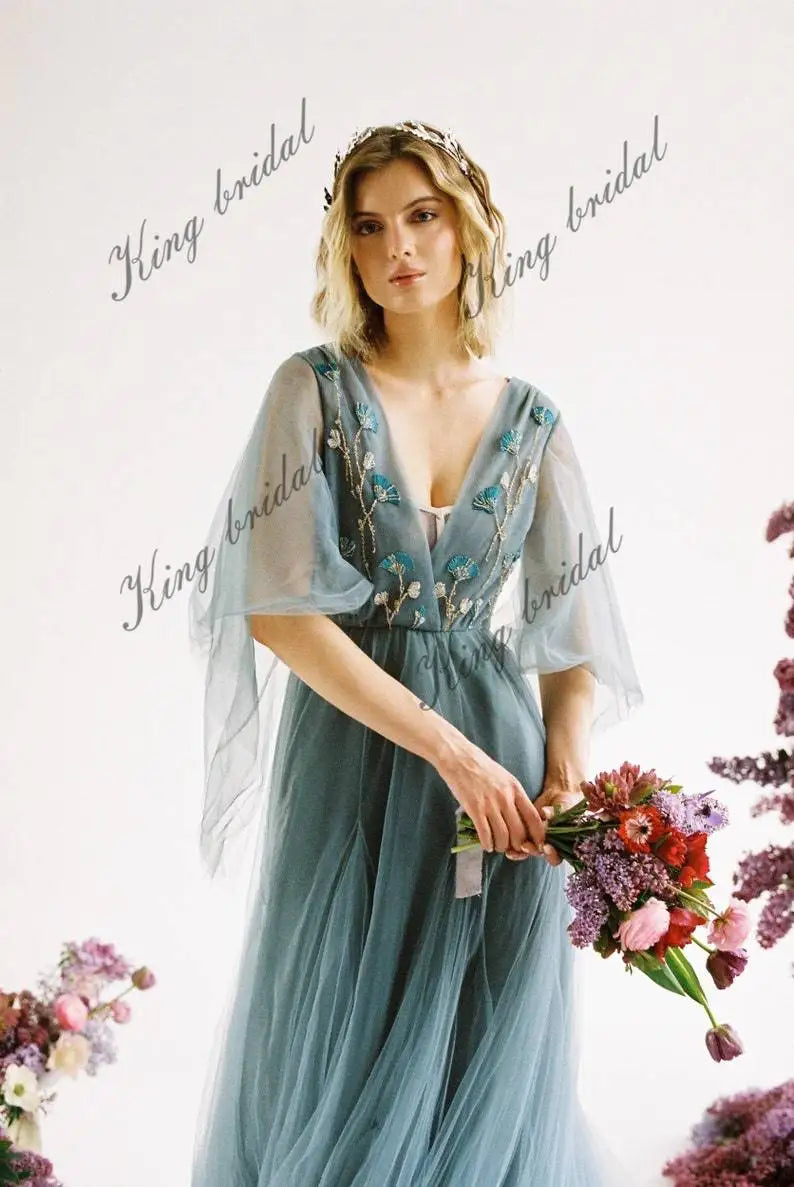 Angel sleeve bridal dress wedding gown Airy embroidered bridal dress V-neck applique ball gown prom dresses  party dress
