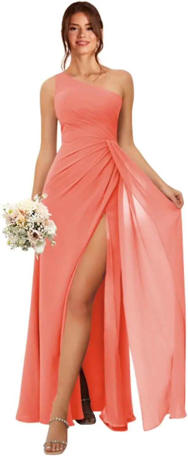 One Shoulder Bridesmaid Dresses for Women Long Ruched Chiffon A Line Formal Evening Dress with Slit prom dresses