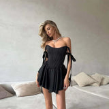 Sexy Fish Bone Waist Cinching Dress Women's Slim Solid Lace Up Square Collar Pleated Dresses  Summer Lady Fashion Robes