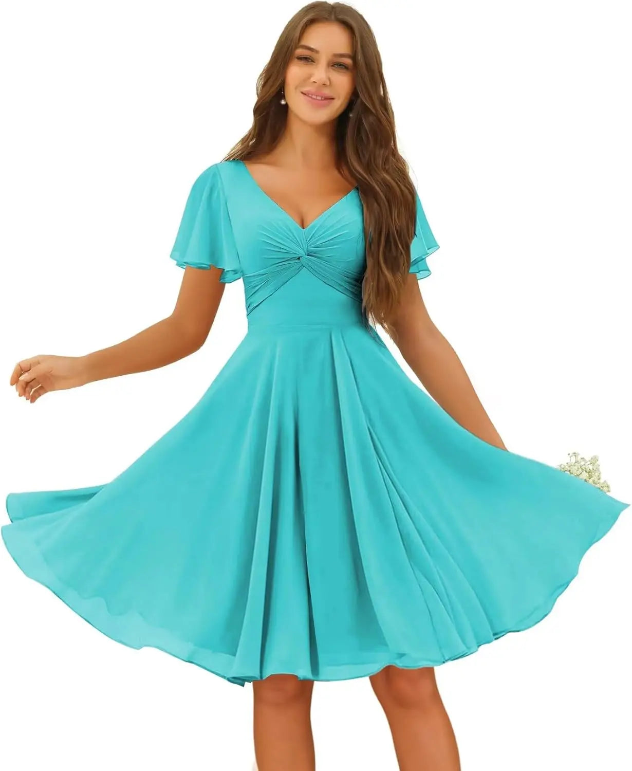 Women's Pleated Chiffon Flutter Sleeves Junior Bridesmaid Dresses with Pockets V Neck Short Formal Dress Wedding Party Gowns
