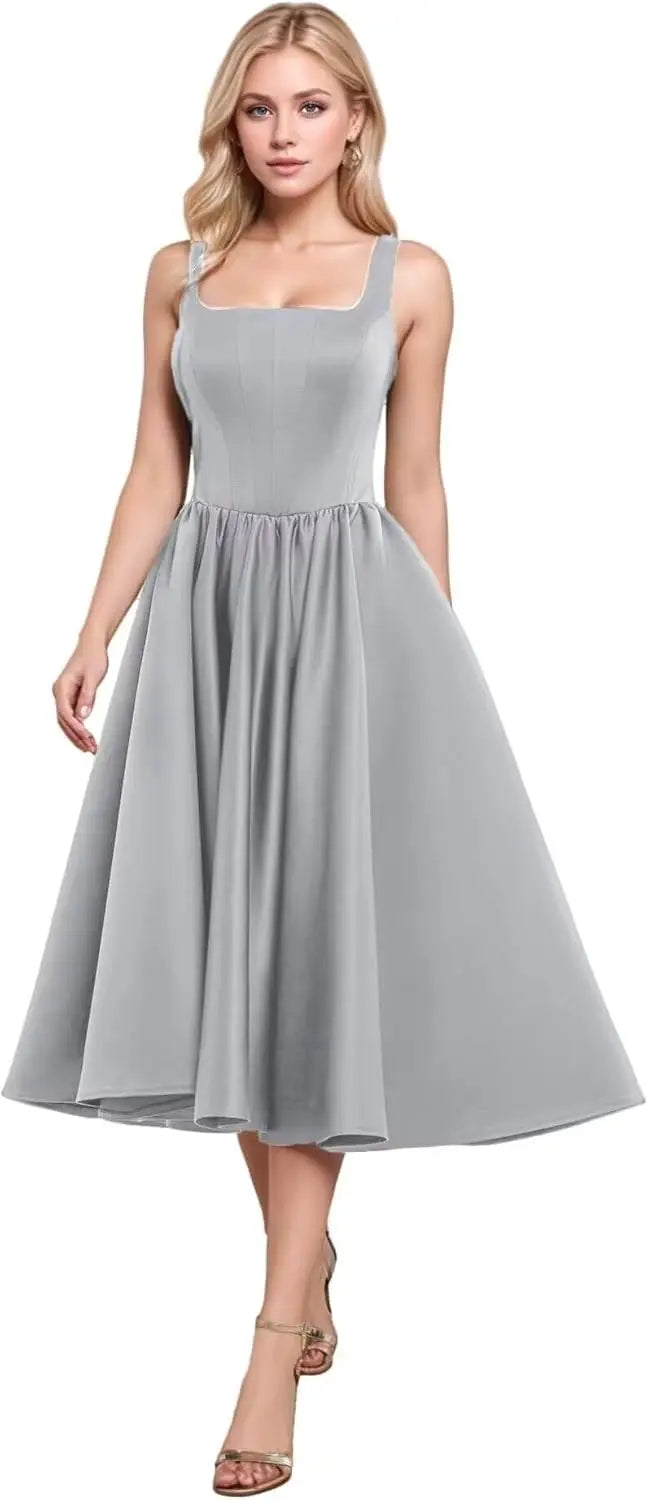 A-Line Pleated Tea-Length Satin Homecoming Dress,Spaghetti Straps Ruffled Formal Prom Dress Party Gown for Women