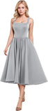 A-Line Pleated Tea-Length Satin Homecoming Dress,Spaghetti Straps Ruffled Formal Prom Dress Party Gown for Women