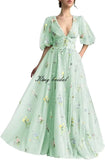 Women's Long Sleeve Flower Embroidery Tulle Prom Dresses Maxi A Line V Neck Fairy Formal Evening Party Gown Bridesmaid Dresses